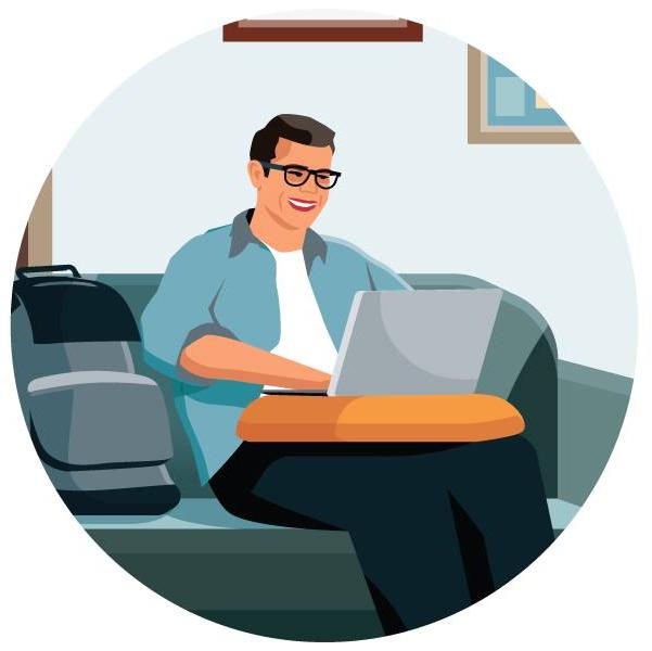 一个戴眼镜的男人坐在沙发上，用笔记本电脑完成他的任务