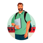 Illustration of student on his way to school with backpack and laptop 