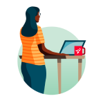 Illustration of student at a standing desk reading an email from her instructor 